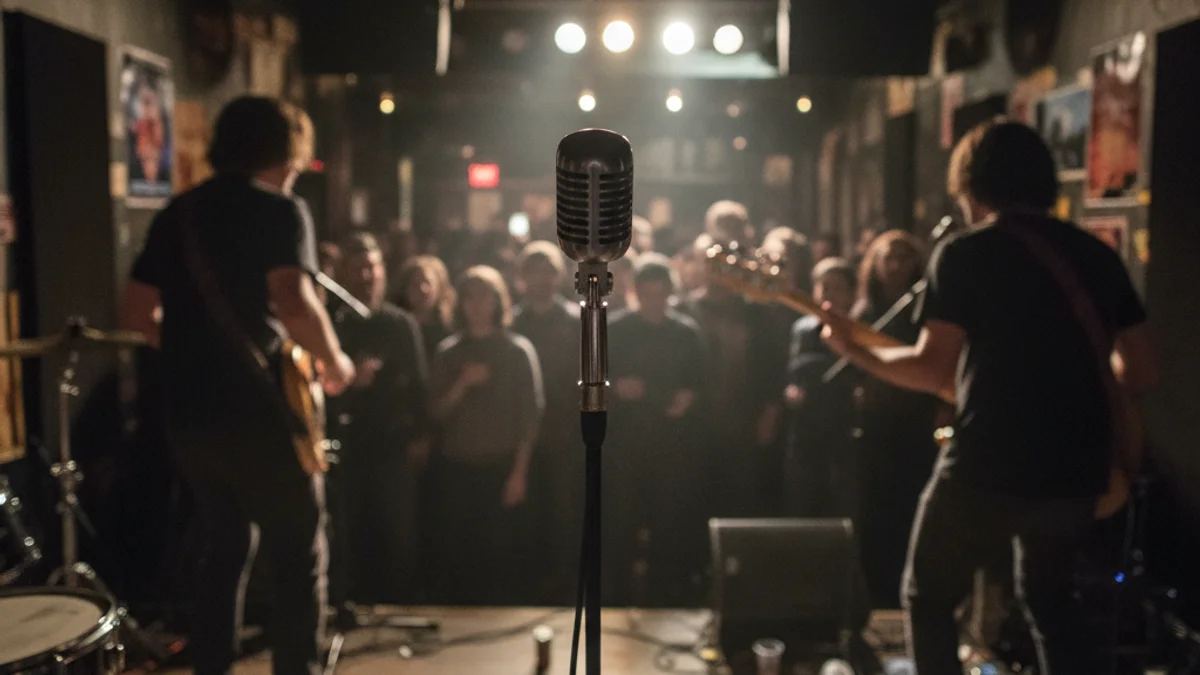Una escena genèrica d'un concert en una sala petita, amb siluetes d'artistes i públic.