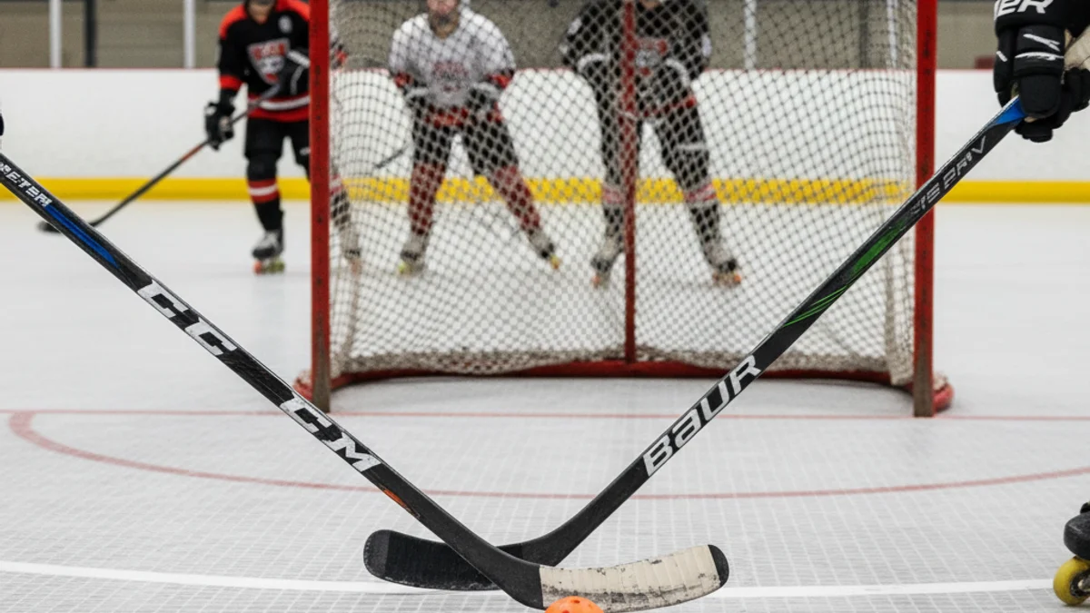 Imatge genèrica d'un partit d'hoquei patins, amb l'acció centrada a la pista i figures borroses dels jugadors.
