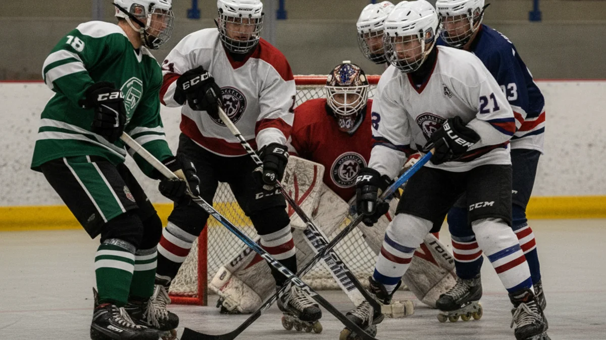 Imatge genèrica d'un partit d'hoquei patins, amb jugadors en acció i la pilota prop de la porteria.