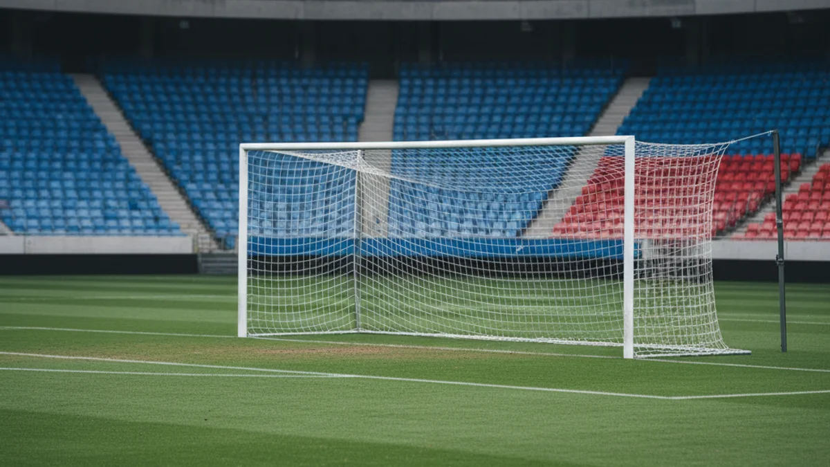 Vista general d'un camp de futbol buit abans d'un partit, amb les línies de calç i les porteries visibles.