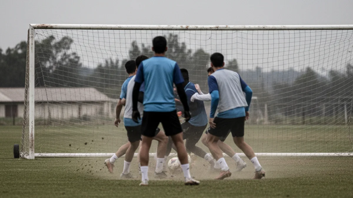 Imatge genèrica d'un partit de futbol en un camp d'entrenament, amb jugadors lluitant per la pilota.