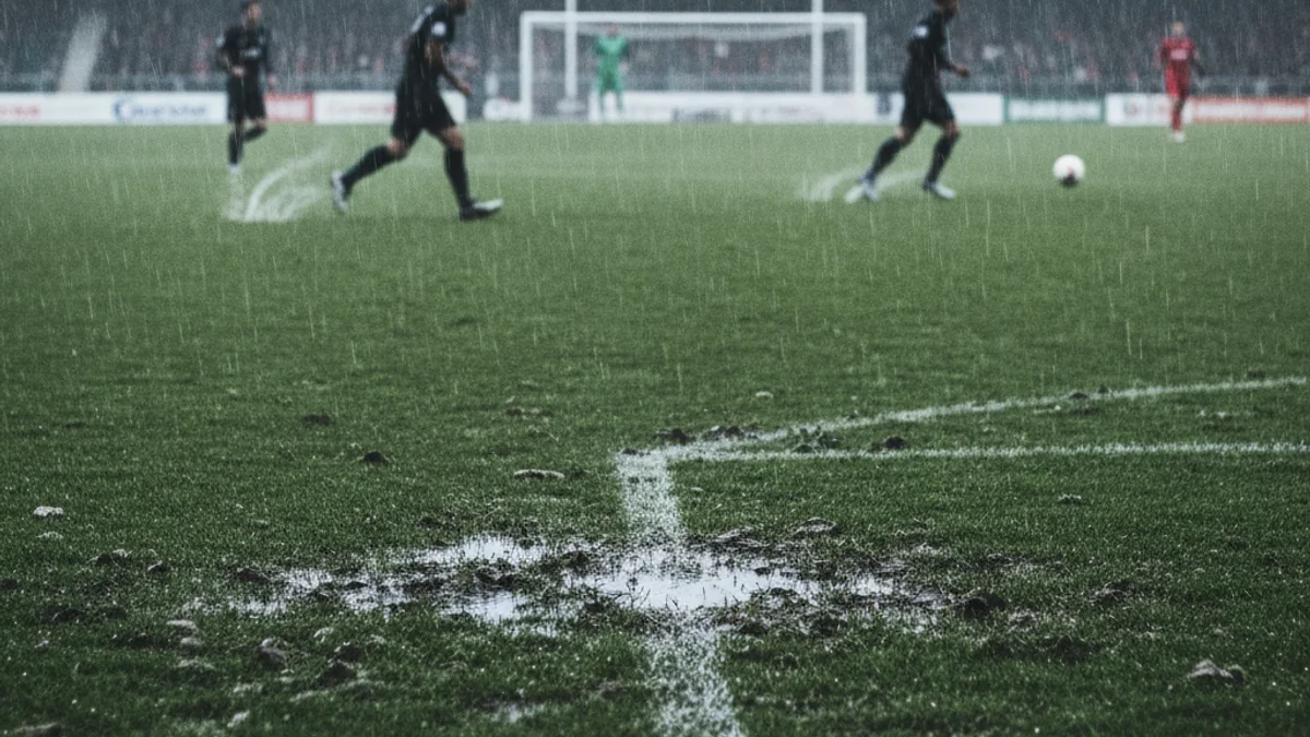 Imatge genèrica d'un partit de futbol sota la pluja, amb figures borroses de jugadors.