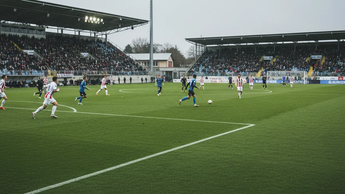 Imatge genèrica d'un partit de futbol en un estadi municipal amb aficionats a les grades.