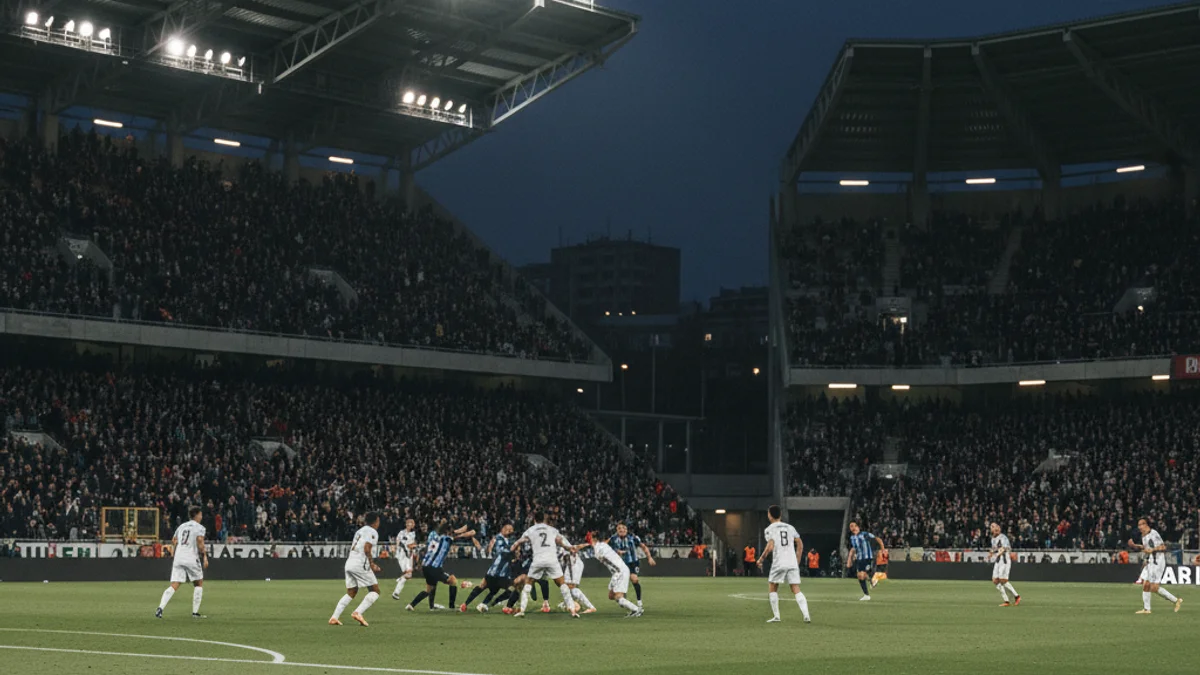 Vista genèrica d'un partit de futbol amb jugadors en acció i aficionats a la grada, sense cares reconeixibles.