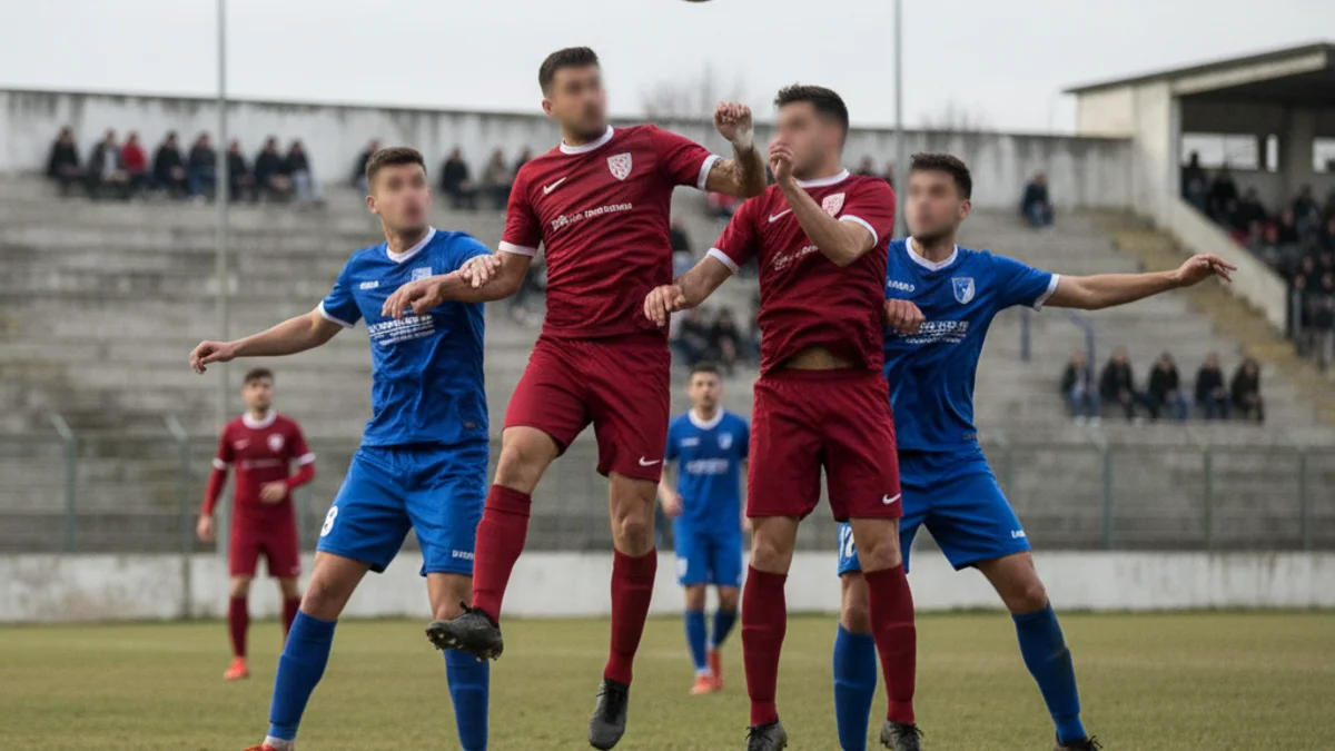 Crònica d'un partit de futbol de categoria regional amb jugadors en acció.