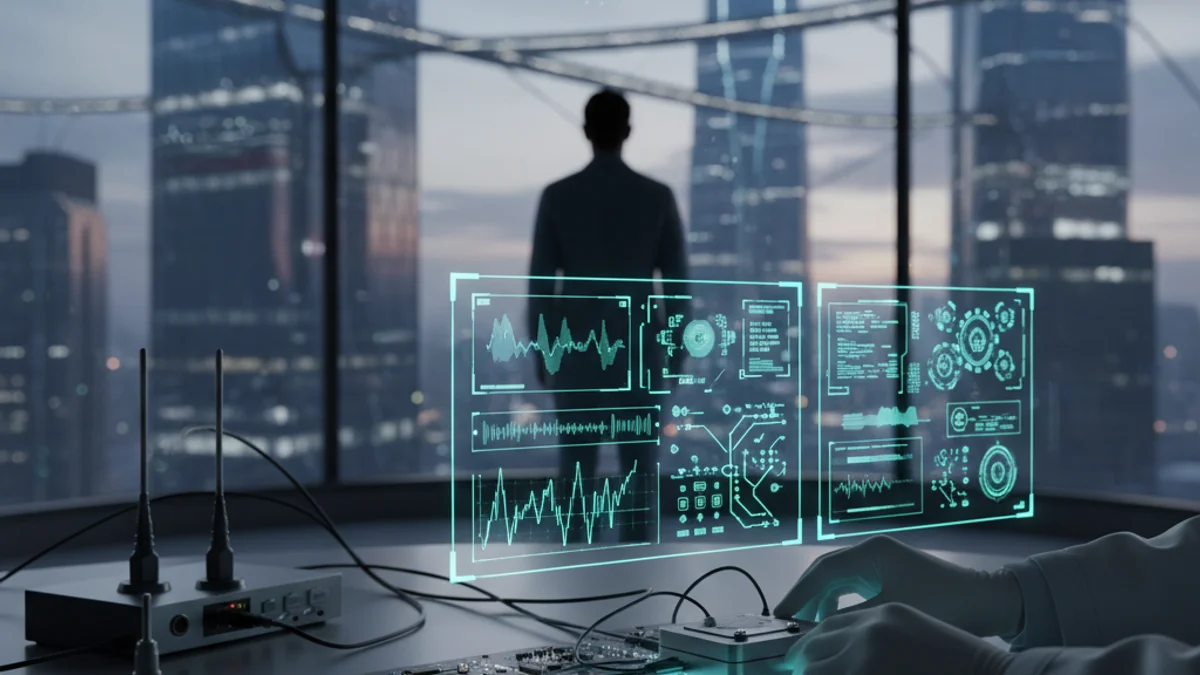 Representació abstracta d'un entorn de proves tecnològiques o un laboratori d'innovació urbana.