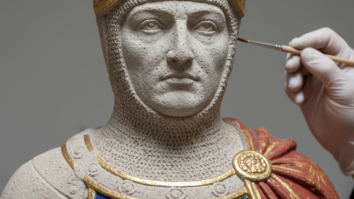 Detall d'una escultura gòtica de pedra policromada restaurada, mostrant colors vius.