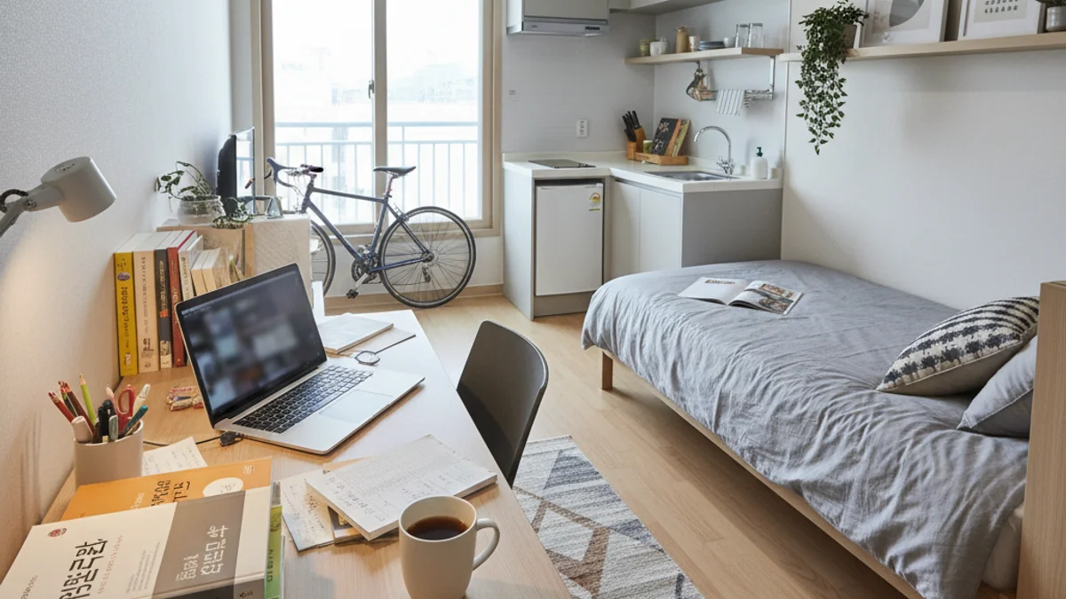 Un escriptori amb un ordinador portàtil i llibres de text coreans dins d'un petit estudi a Seül.