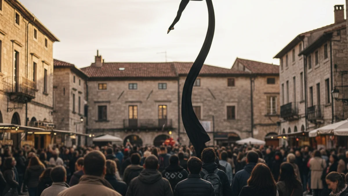 Imatge d'una actuació de circ al carrer amb figures borroses i públic observant en un ambient festiu.