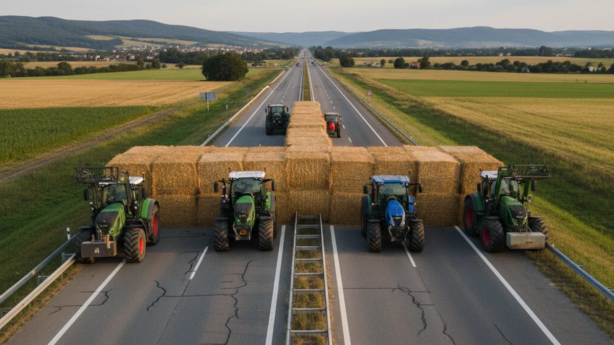 Imatge genèrica de tractors i bales de palla bloquejant una autopista buida durant una protesta agrícola.