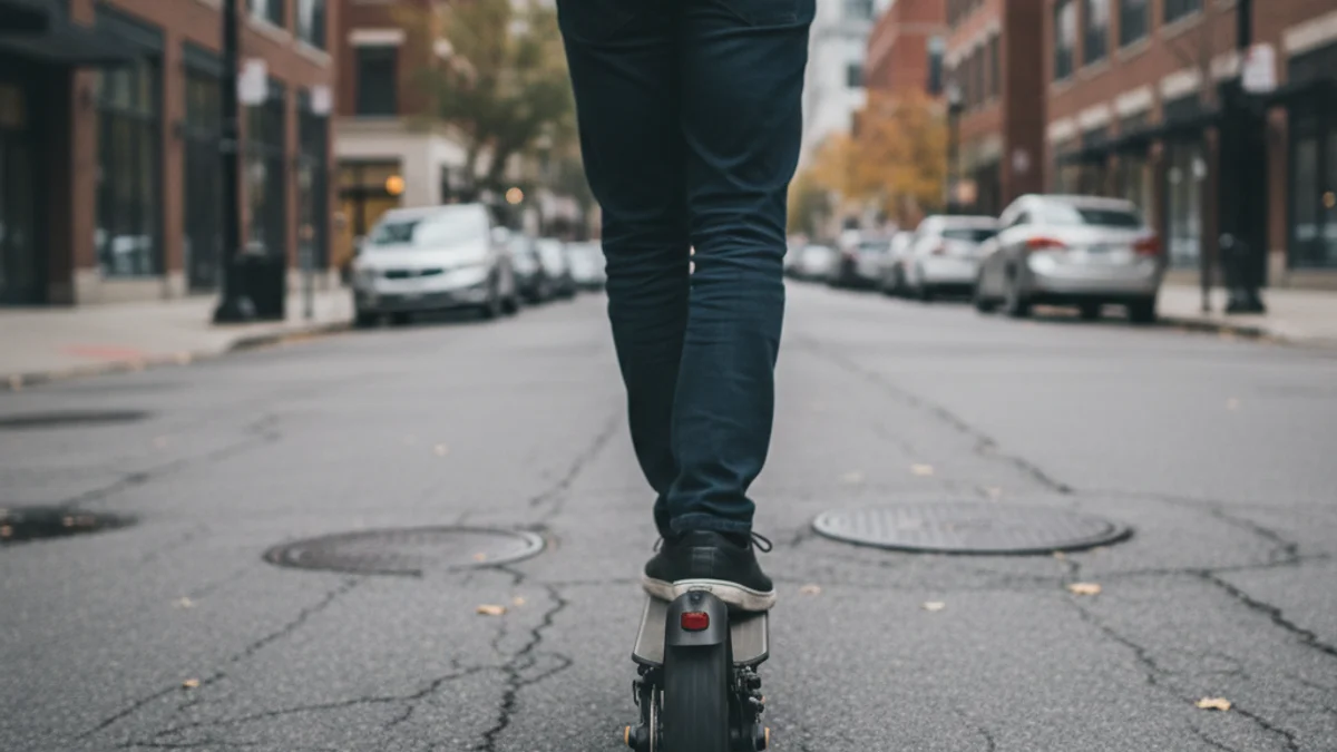 Imatge genèrica d'un patinet elèctric circulant per una zona urbana, amb senyals de trànsit al fons.