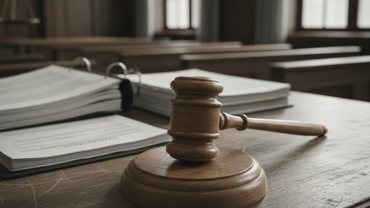 Imatge genèrica d'un jutjat o una sala de vistes, amb un mall de fusta sobre una taula.