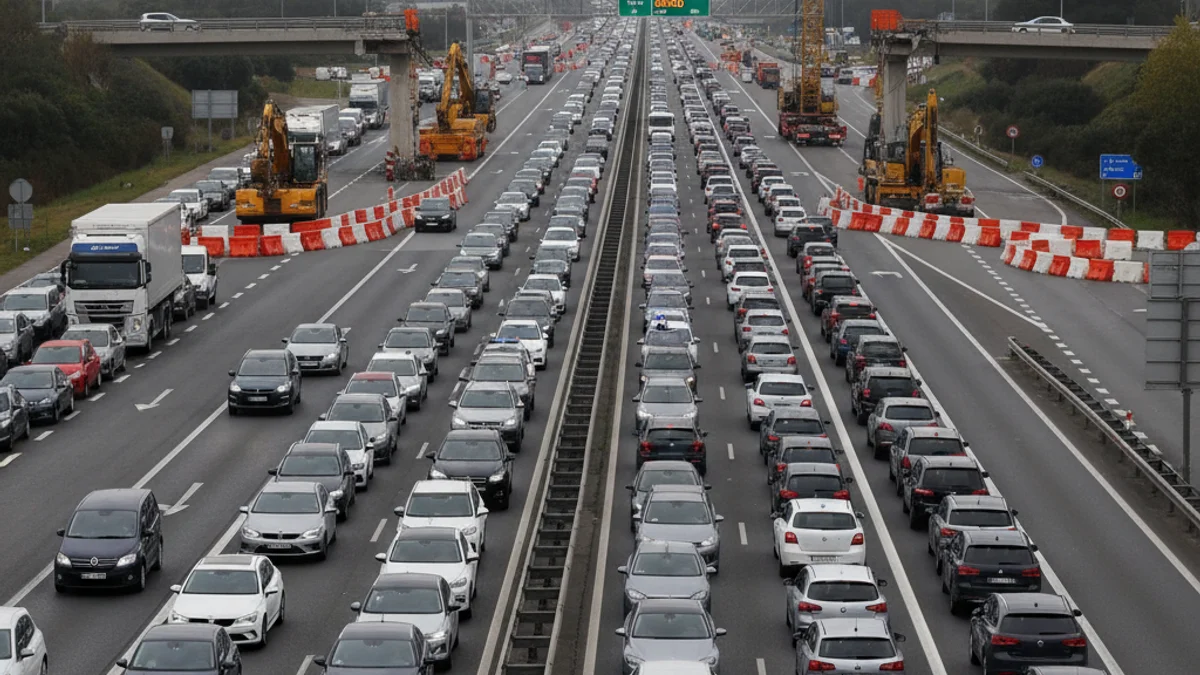 Vista d'una autopista amb trànsit desviat o aturat, amb senyals d'obres a la distància.