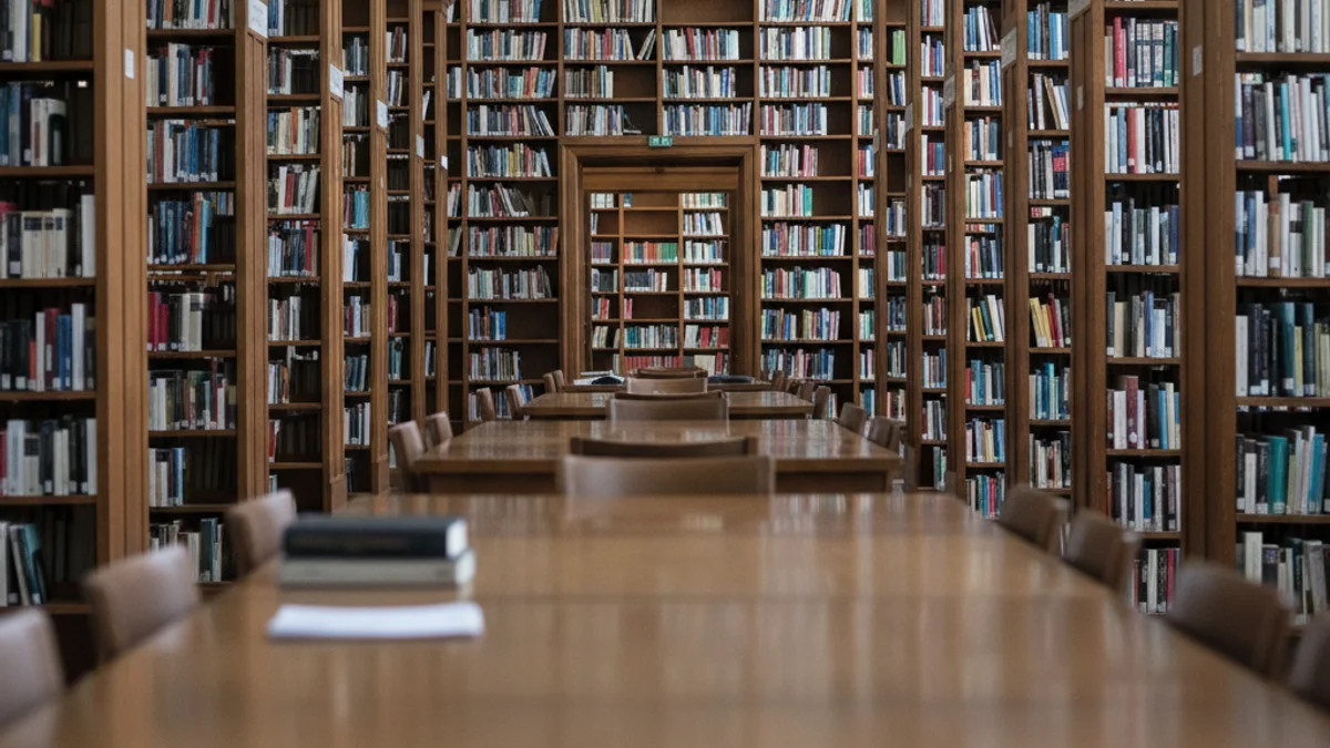Imatge genèrica d'una biblioteca amb prestatgeries plenes de llibres i una zona de lectura buida.