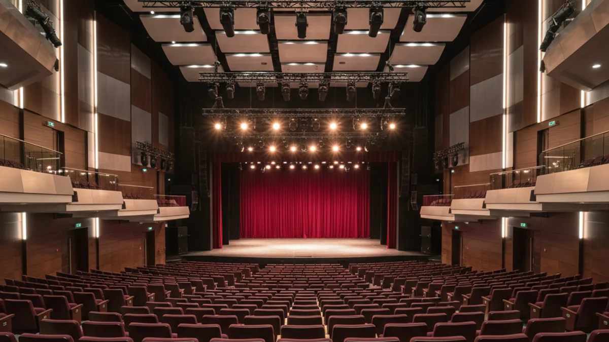 Vista general d'un teatre modern amb les butaques buides i l'escenari il·luminat, simbolitzant l'èxit de la programació.