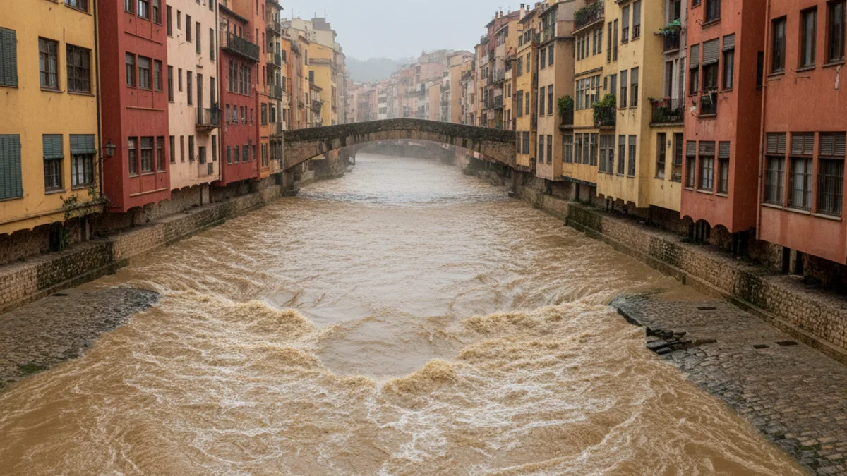 Imatge genèrica d'un riu desbordat o amb un cabal molt alt passant per una zona urbana.
