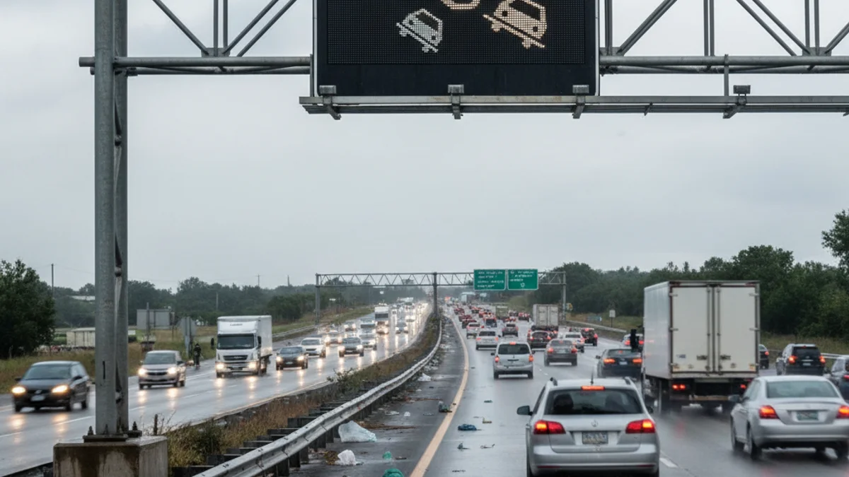 Senyal de trànsit d'advertència de vent fort en una autopista sota un cel gris i turbulent.