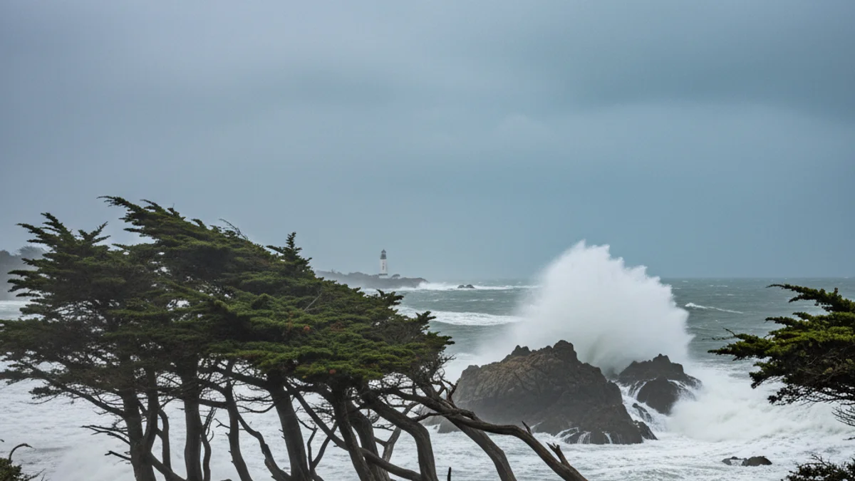 Imagen genérica de un paisaje costero afectado por un fuerte temporal de viento, con árboles doblados u olas altas.