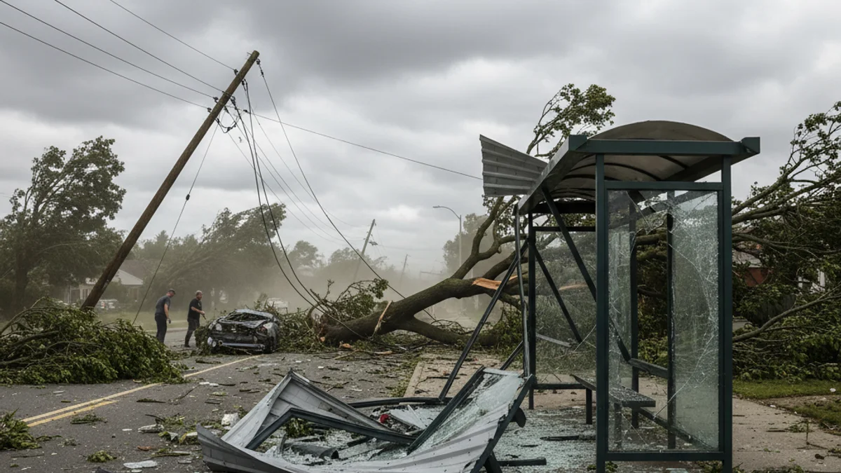 Generic image of a street with fallen trees or urban elements damaged by strong winds.