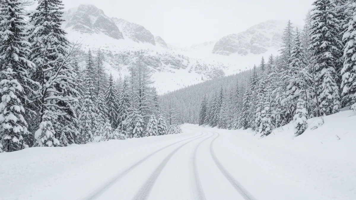 Imatge genèrica d'una carretera de muntanya amb neu i vehicles que utilitzen cadenes.