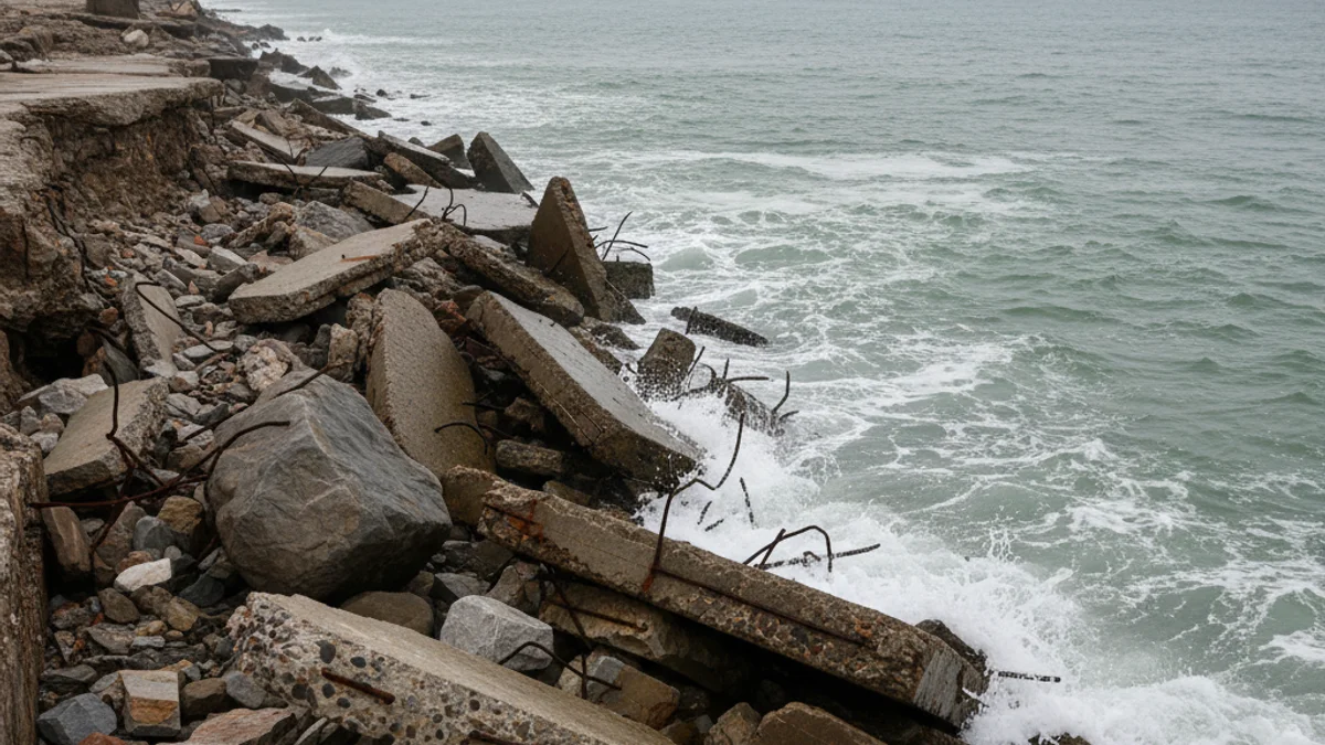 Imatge d'una platja amb la sorra desapareguda, deixant al descobert grans roques i restes d'estructures antigues.
