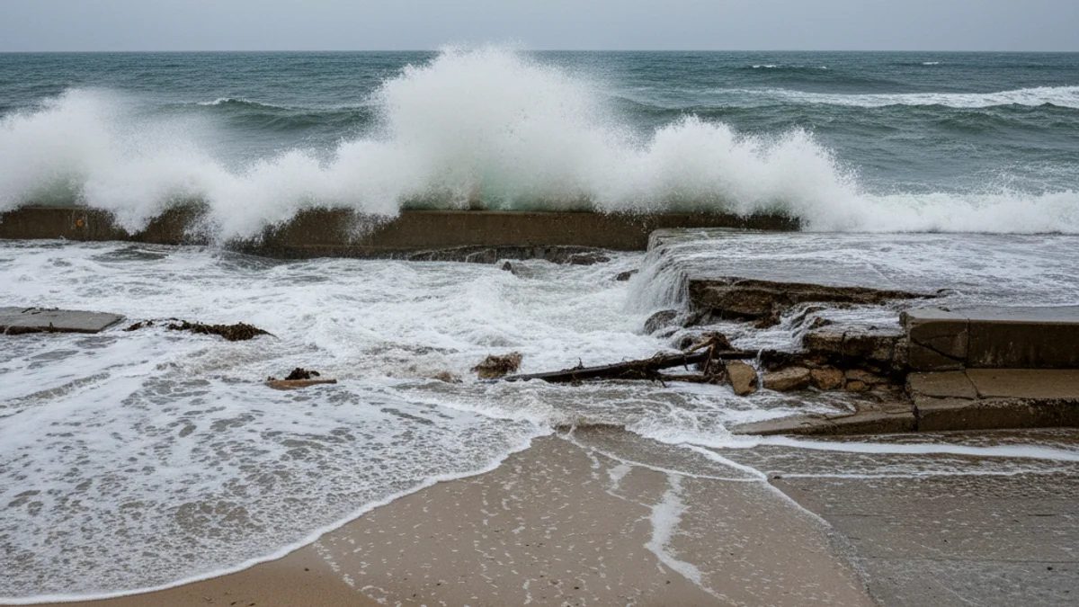 Imatge de les onades trencant amb força sobre una platja erosionada o un passeig marítim al Delta de l'Ebre.
