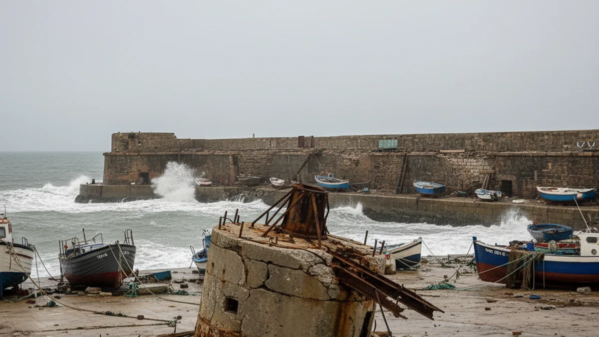 Imatge genèrica d'un far trencat a la base o d'un element portuari danyat després d'un temporal de vent.