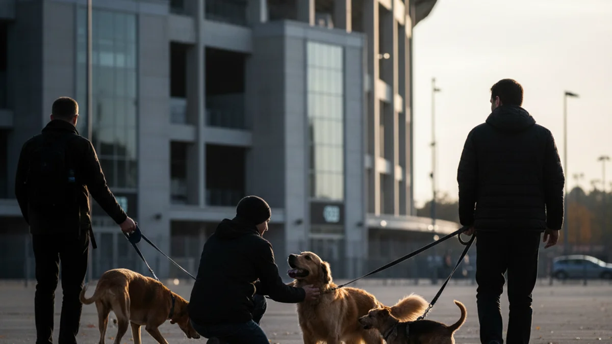 Imatge genèrica d'una persona interactuant amb un gos amb corretja a l'entrada d'un estadi de futbol.