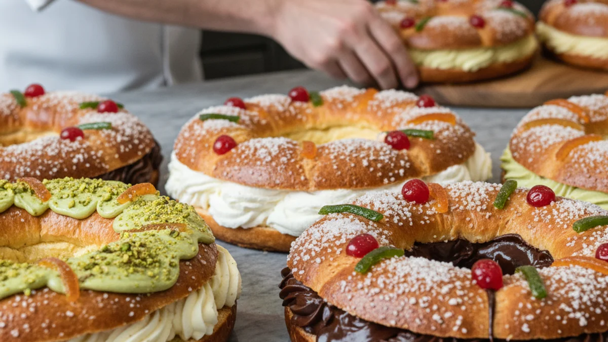 Imatge genèrica d'un tortell de Reis amb diferents farciments i fruita confitada en un taulell de pastisseria.