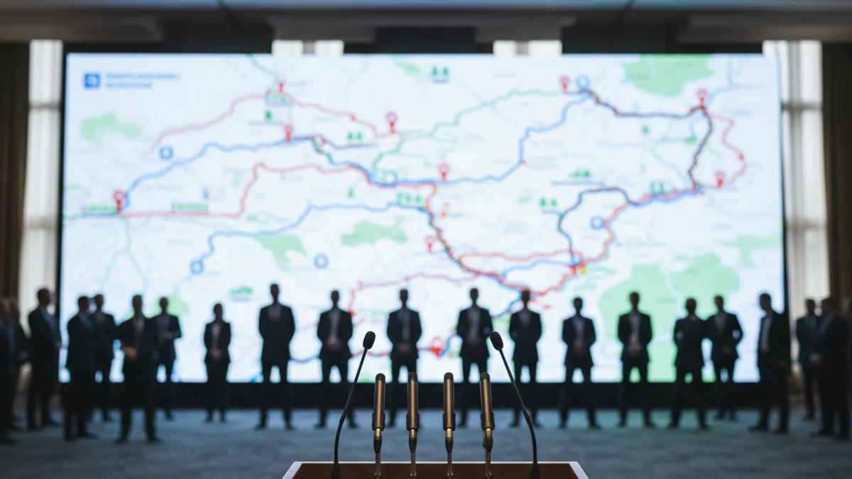 Imatge genèrica d'un podi amb un mapa de ruta ciclista durant la presentació d'un gran esdeveniment esportiu.