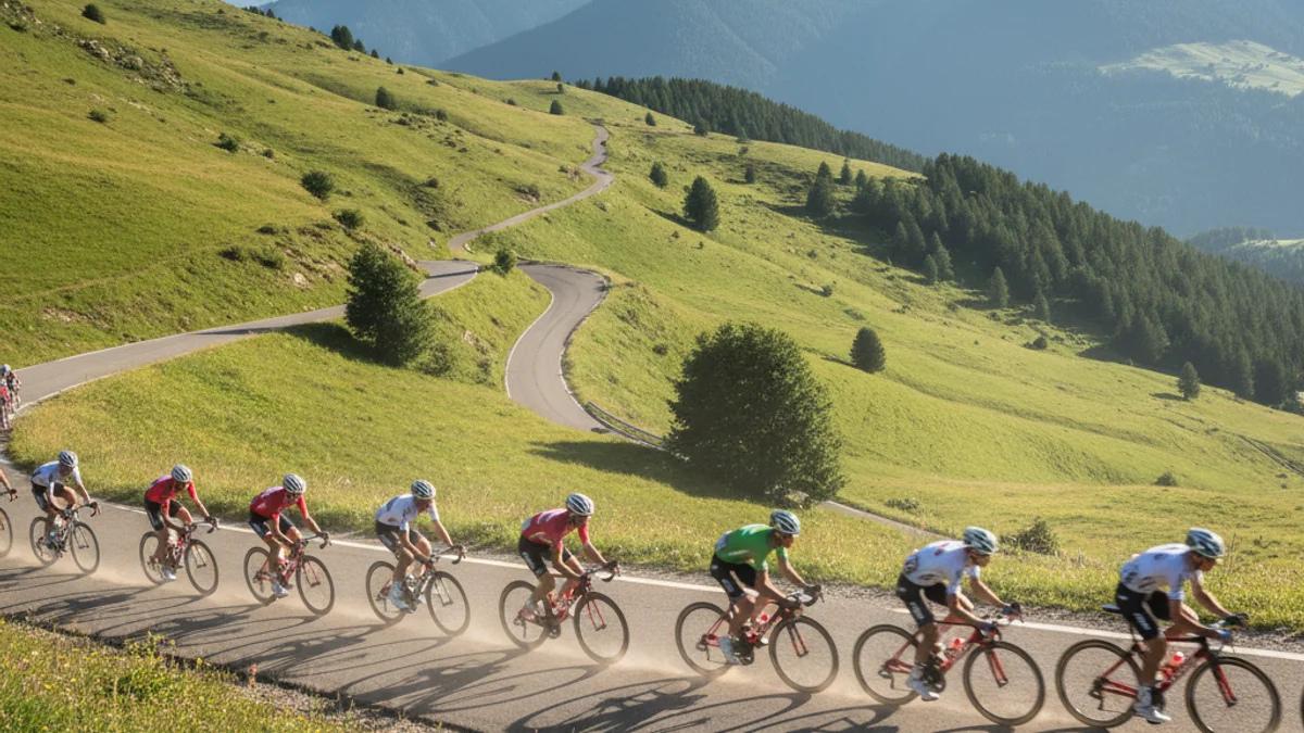 Imatge genèrica d'un grup de ciclistes professionals pedalant per una carretera de muntanya amb un paisatge verd.