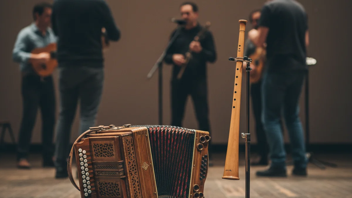 Una escena de concert de música folk, amb instruments tradicionals com acordions i guitarres, en un escenari il·luminat.