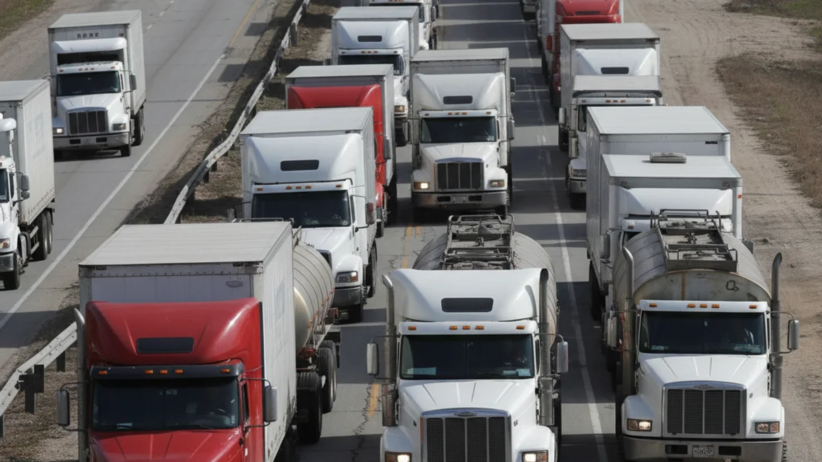 Imatge genèrica de camions circulant per una via alternativa congestionada a causa d'un tall d'autopista.