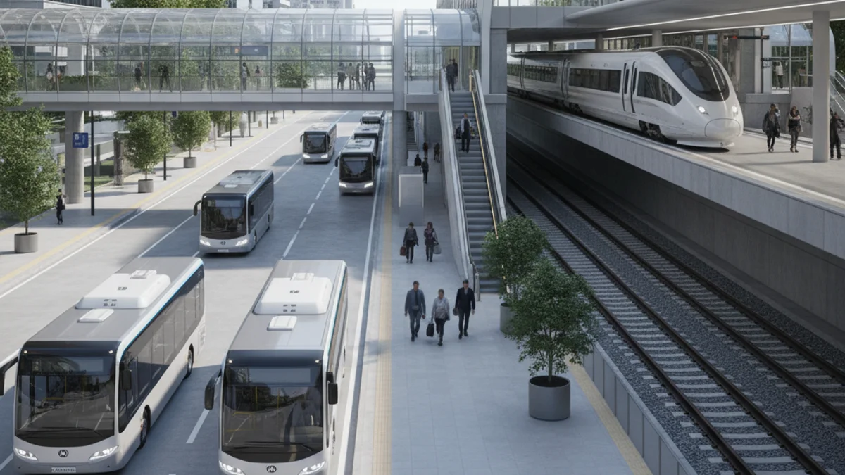 Representació visual d'un projecte d'infraestructura de transport que connecta una estació de tren i una parada d'autobús.