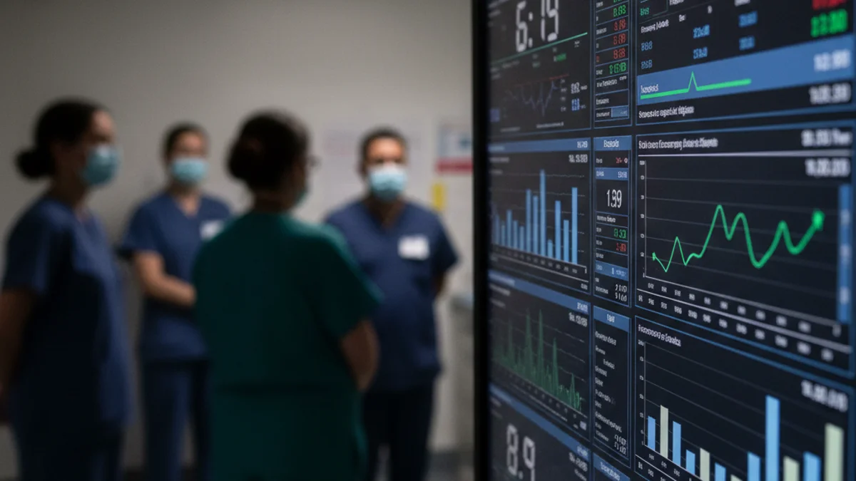 Pantalla digital con datos en tiempo real sobre el estado asistencial de un hospital, con figuras borrosas de personal sanitario al fondo.