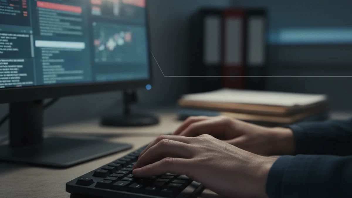 Representació genèrica d'una mà utilitzant un ordinador amb dades bancàries o personals en una pantalla.