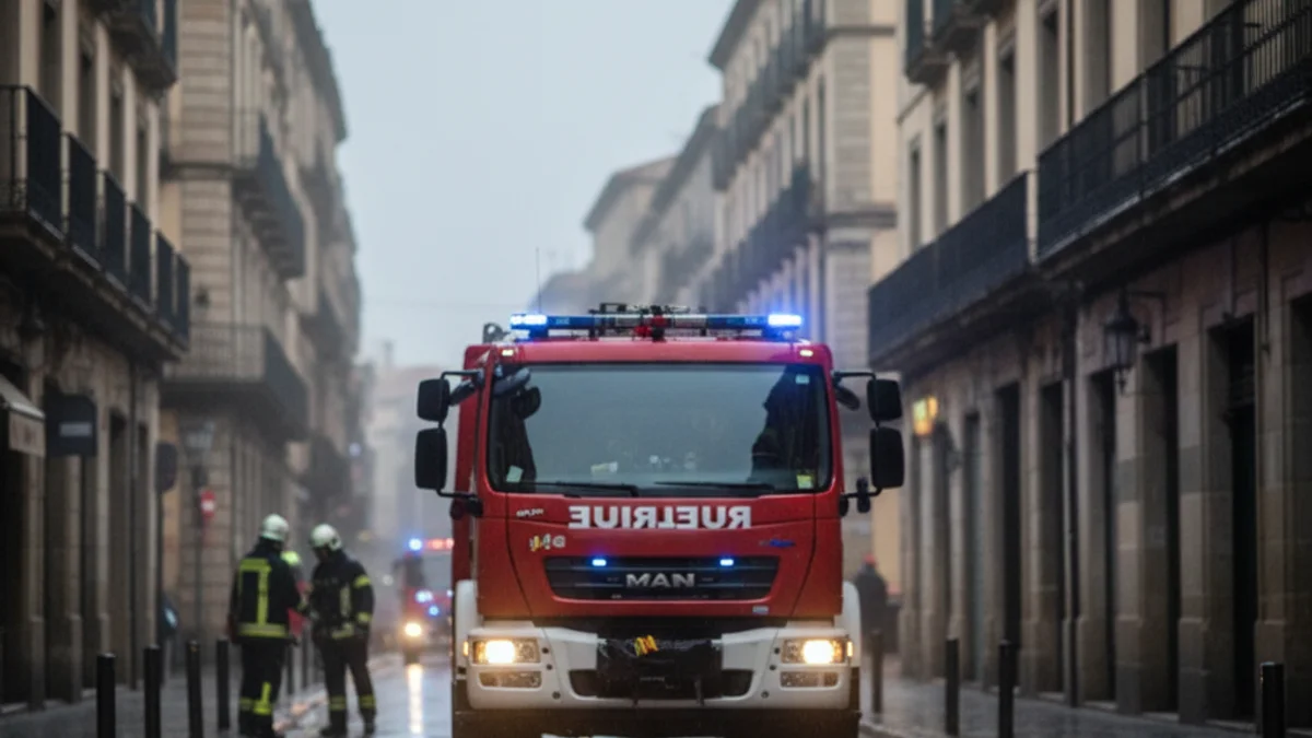 Imatge genèrica d'un vehicle de Bombers de la Generalitat en una zona urbana, amb figures borroses d'emergències treballant.