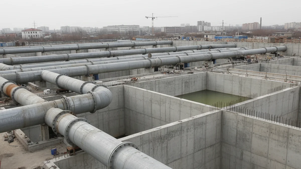 Vista d'una nova estructura de dipòsit d'aigua o canonades d'interconnexió en una zona urbana o semiurbana.