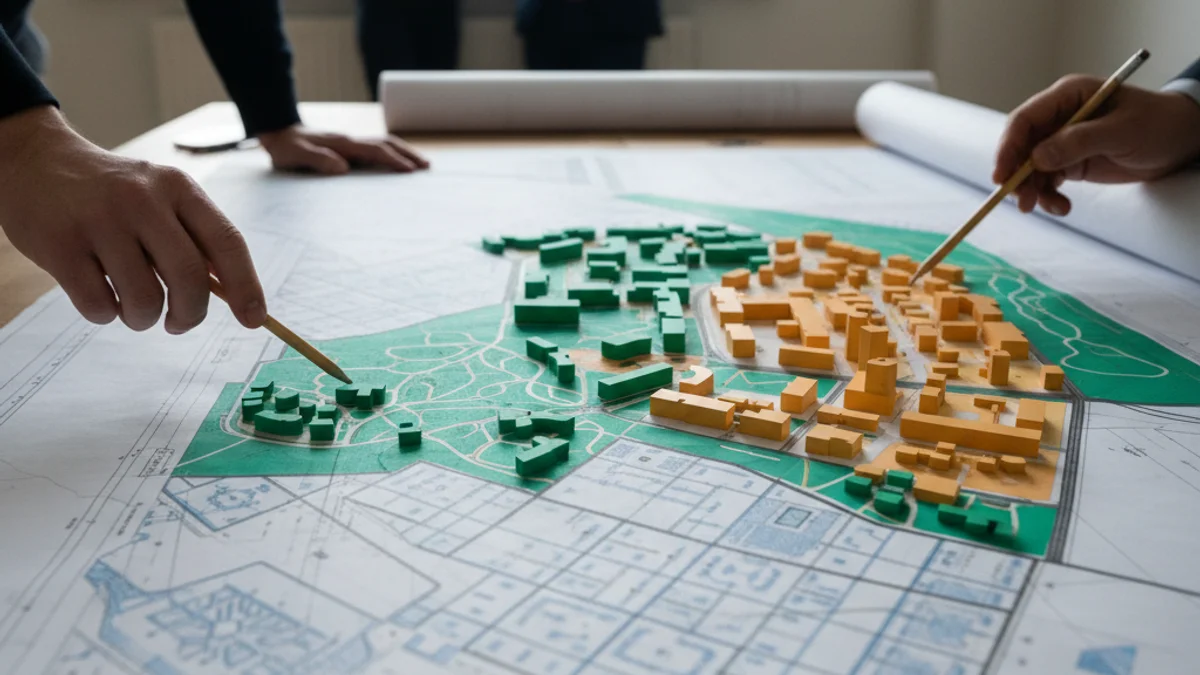 Representació visual d'un plànol urbanístic o un model arquitectònic que mostra la densificació d'una trama urbana.