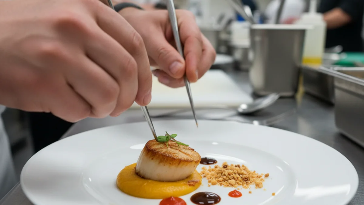 Imatge genèrica d'un xef treballant en una cuina professional d'alta gastronomia, amb plats creatius.