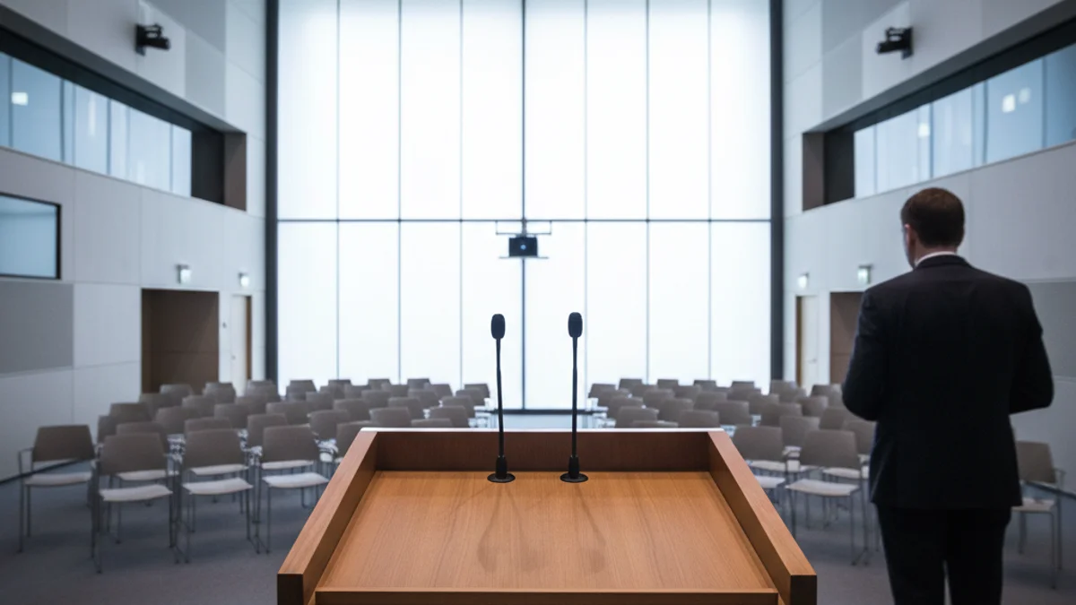 Una silueta d'una persona parlant davant d'un micròfon en un acte polític a Barcelona.