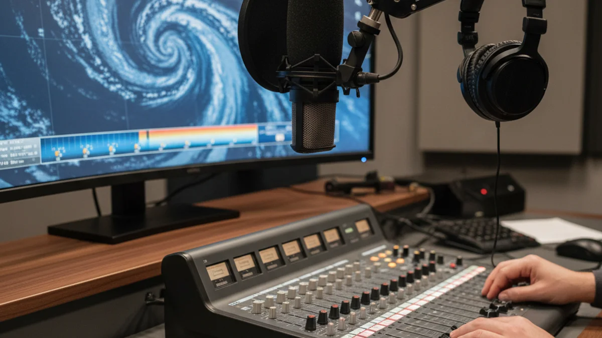 Radio microphone in a studio with a slightly blurred background, symbolizing a live broadcast.