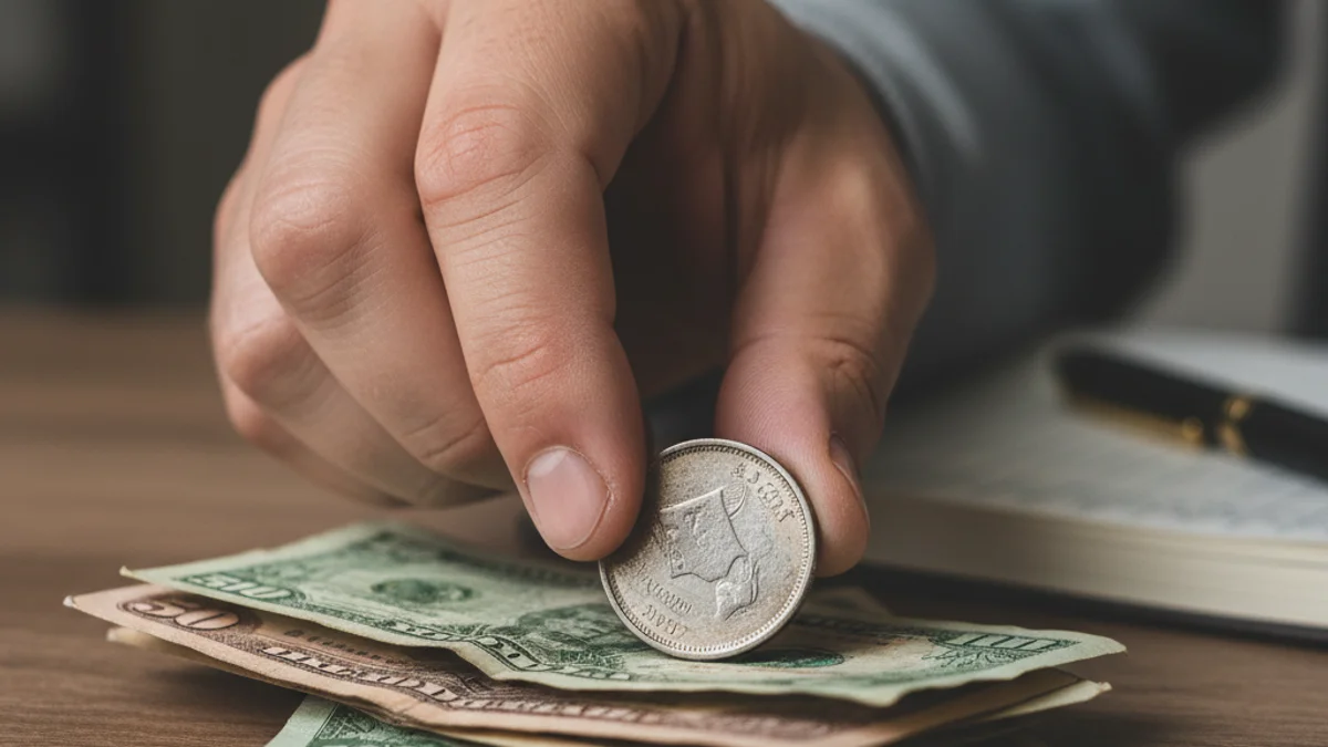 Una mà col·locant monedes sobre una pila de bitllets, simbolitzant l'augment d'impostos i la recaptació.