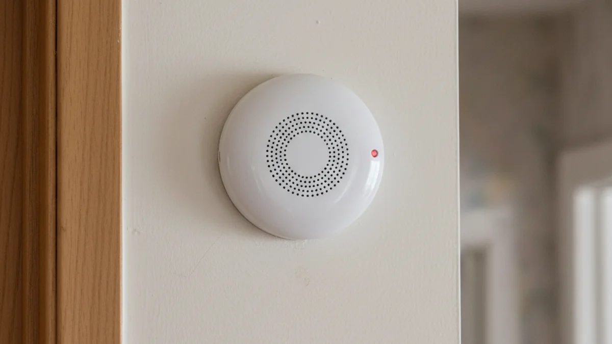 Imatge genèrica d'un detector de fums instal·lat en un sostre o paret d'una llar, amb llum neutra.