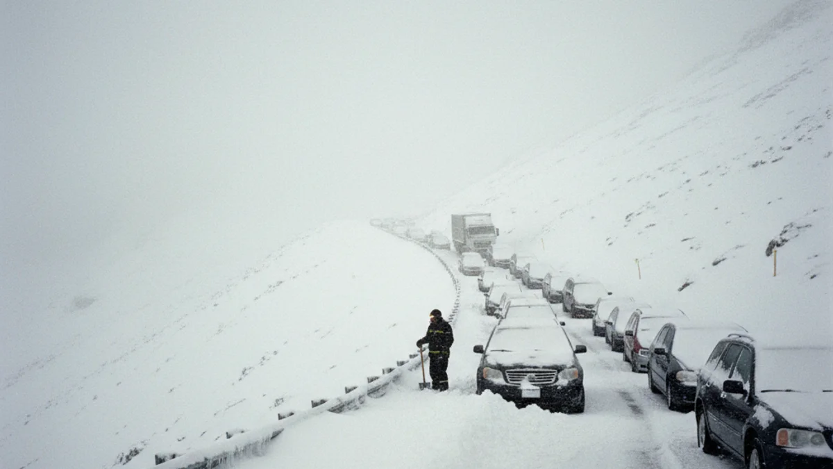 Vista d'una carretera de muntanya nevada amb vehicles aturats i un camió de bombers al fons.