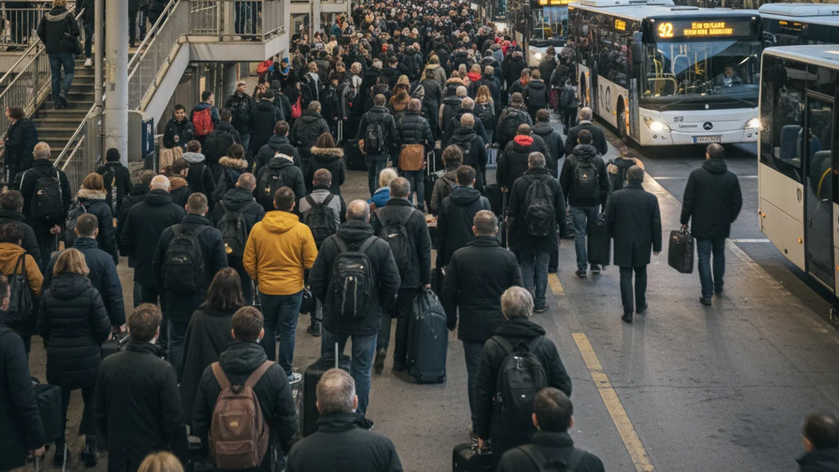 Imatge genèrica de llargues cues de passatgers esperant autobusos interurbans en una estació saturada.