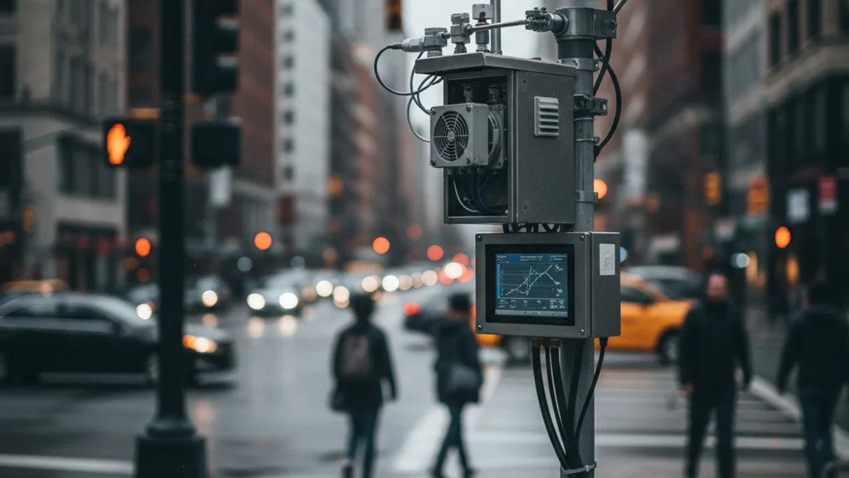 Imatge genèrica d'un sensor de qualitat de l'aire o una estació de mesurament en un entorn urbà amb trànsit.