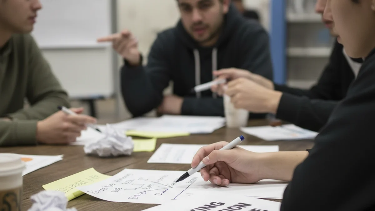 Joves participants en un consell municipal o reunió de treball, discutint sobre temes socials i educatius.