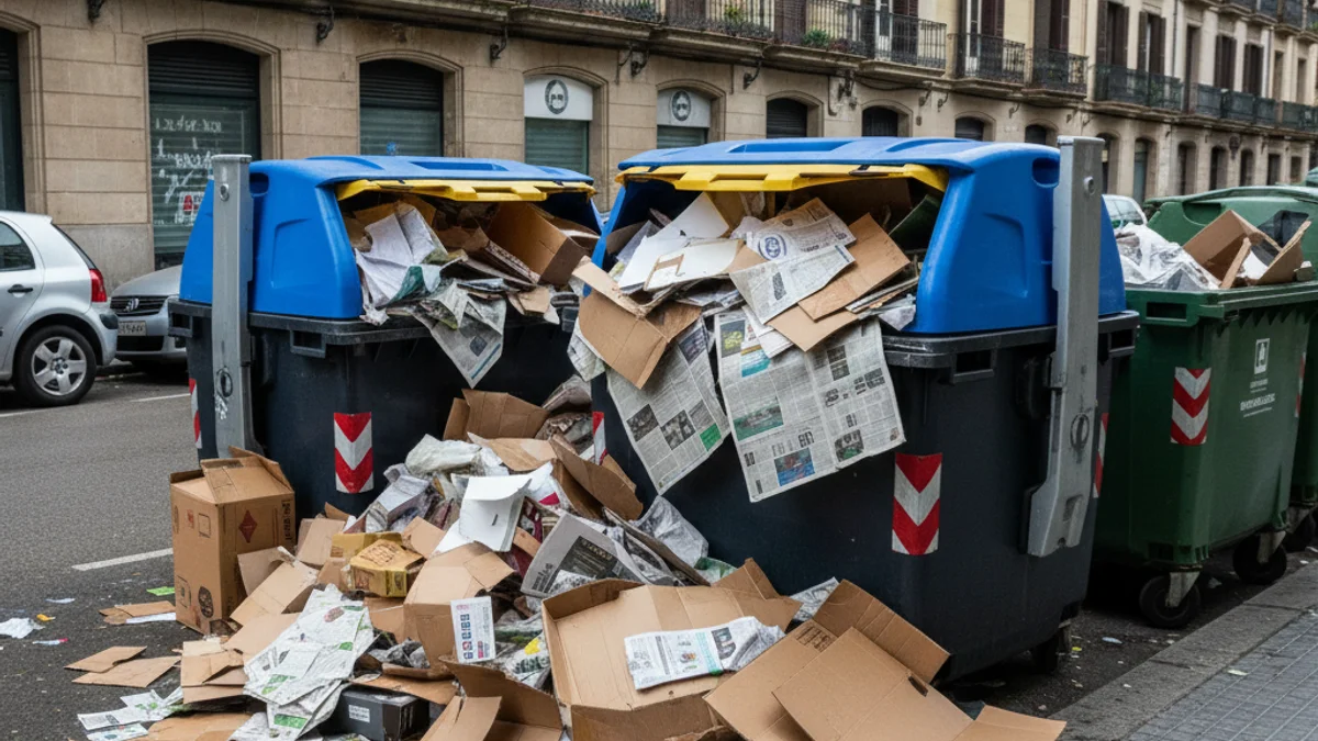 Contenidors de reciclatge desbordats amb grans quantitats de cartró i paper al carrer d'una ciutat.
