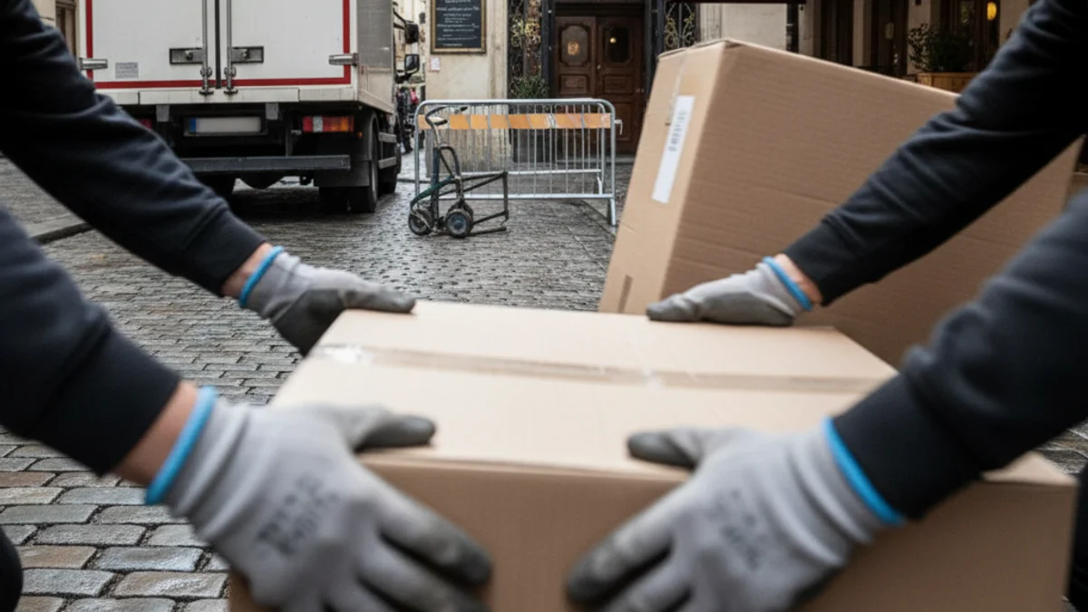 Delivery van parked in a loading and unloading zone, with stacked boxes nearby.